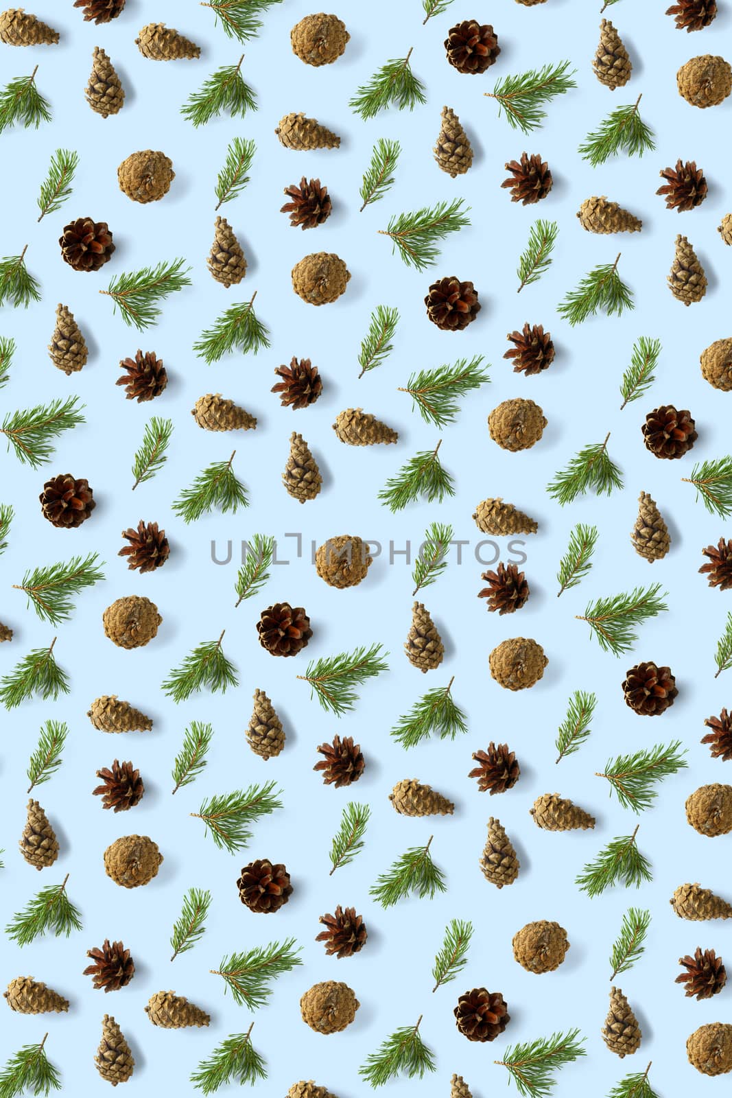 Pine cone Christmas background on blue. Pine branches and cones. minimal creative cone arrangement pattern. flat lay, Modern christmas Background. by PhotoTime