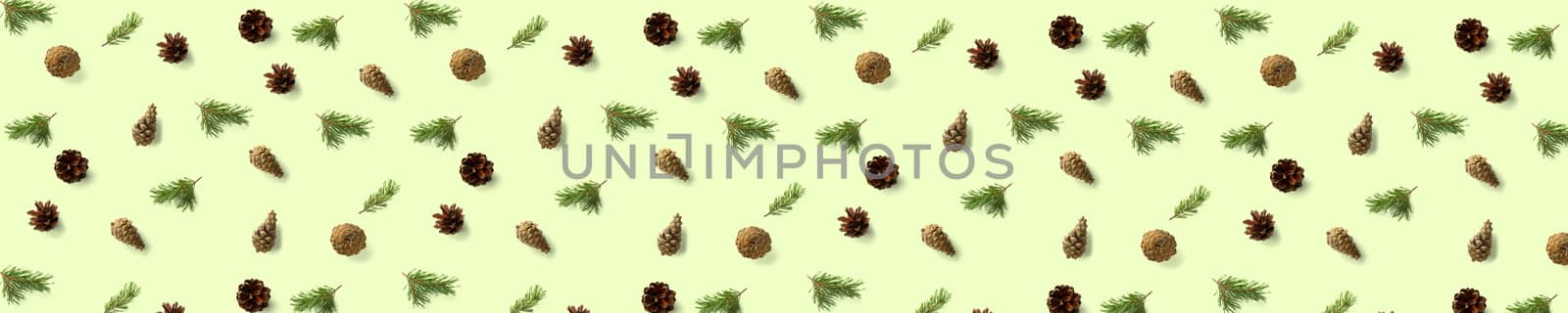 Pine cone Christmas background on green. Pine branches and cones. minimal creative cone arrangement pattern. flat lay, Modern christmas Background. by PhotoTime
