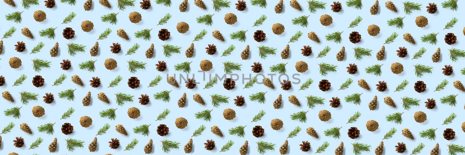 Creative Pine cone Christmas background on blue banner. Pine branches and cones. minimal creative cone arrangement pattern. flat lay, top view. new year background wallpaper. Nature pinecone modern christmas panoramic Background