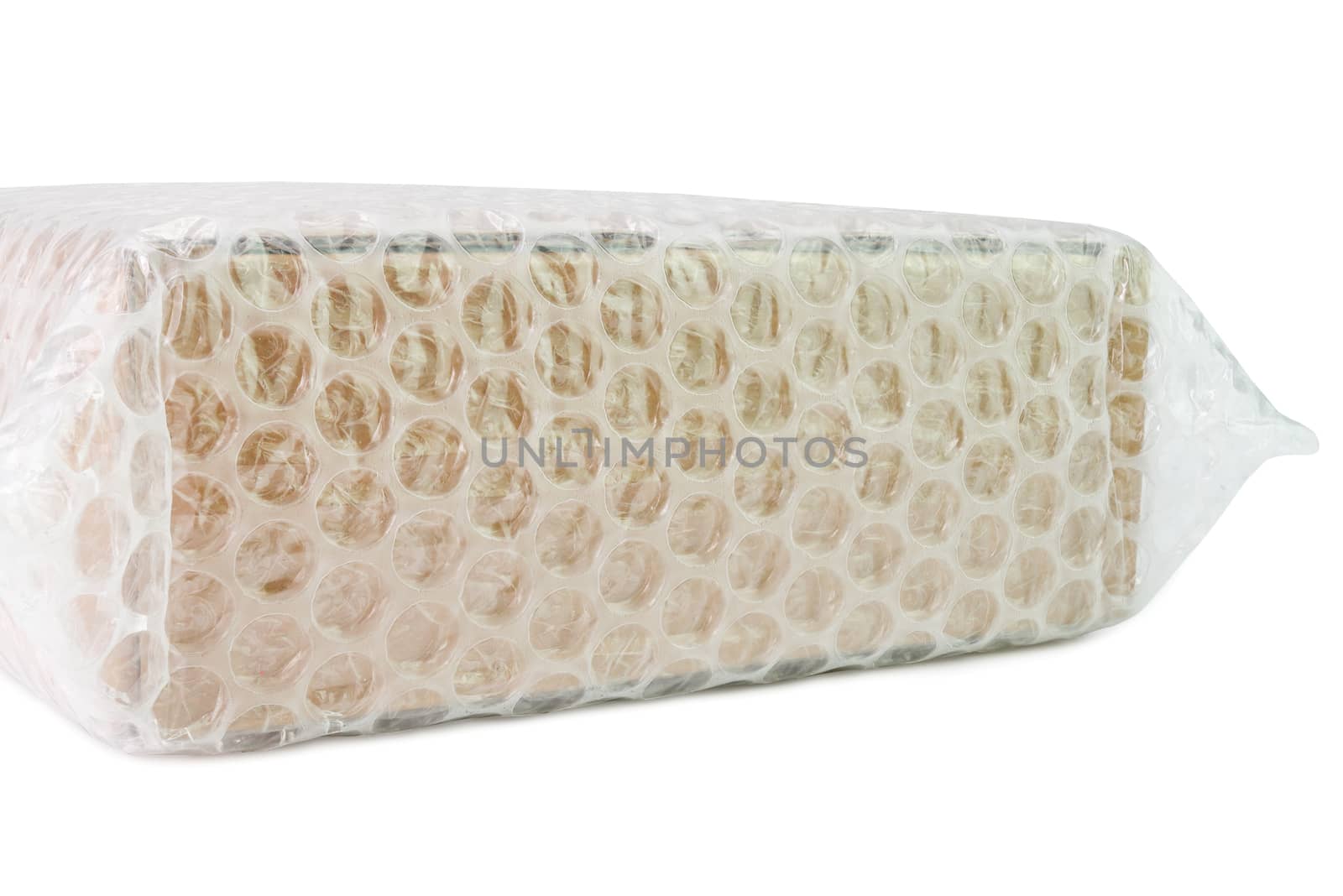Bubbles covering the box by bubble wrap for protection product cracked isolated white background