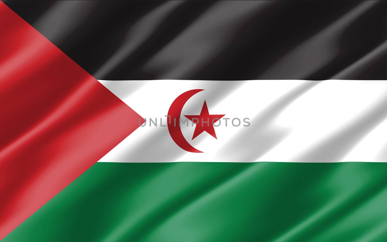 Silk wavy flag of Western Sahara graphic. Wavy Saharan flag illustration. Rippled Western Sahara country flag is a symbol of freedom, patriotism and independence. by Skylark