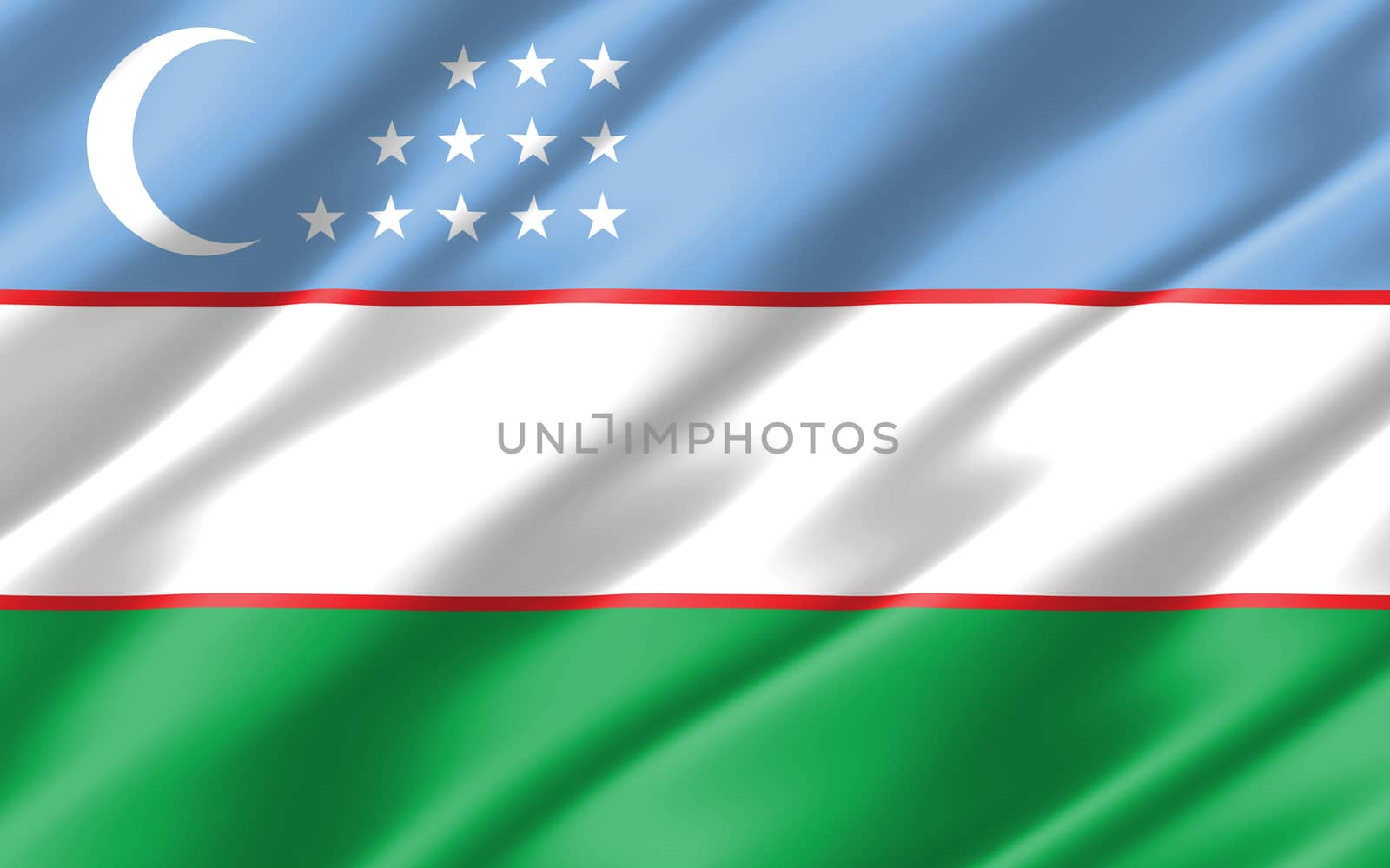 Silk wavy flag of Uzbekistan graphic. Wavy Uzbekistani flag illustration. Rippled Uzbekistan country flag is a symbol of freedom, patriotism and independence. by Skylark
