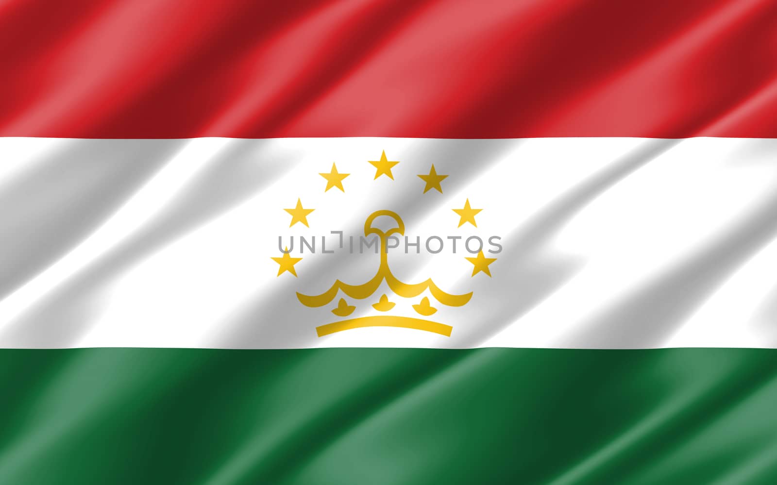 Silk wavy flag of Tajikistan graphic. Wavy Tajikistani flag illustration. Rippled Tajikistan country flag is a symbol of freedom, patriotism and independence. by Skylark