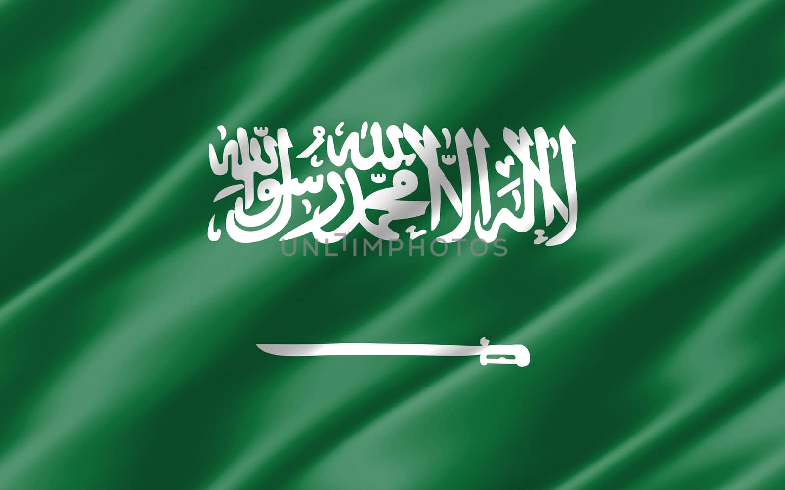 Silk wavy flag of Saudi Arabia graphic. Wavy Saudi Arabian flag illustration. Rippled Saudi Arabia country flag is a symbol of freedom, patriotism and independence. by Skylark