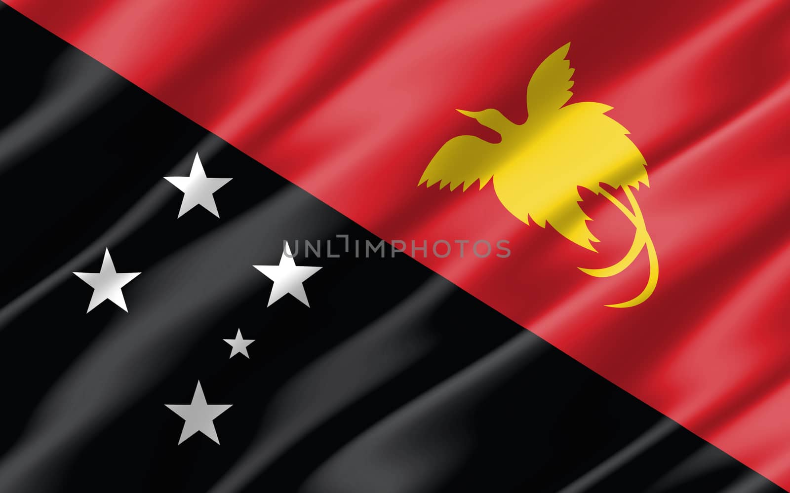 Silk wavy flag of Papua New Guinea graphic. Wavy Papuan flag illustration. Rippled Papua New Guinea country flag is a symbol of freedom, patriotism and independence. by Skylark