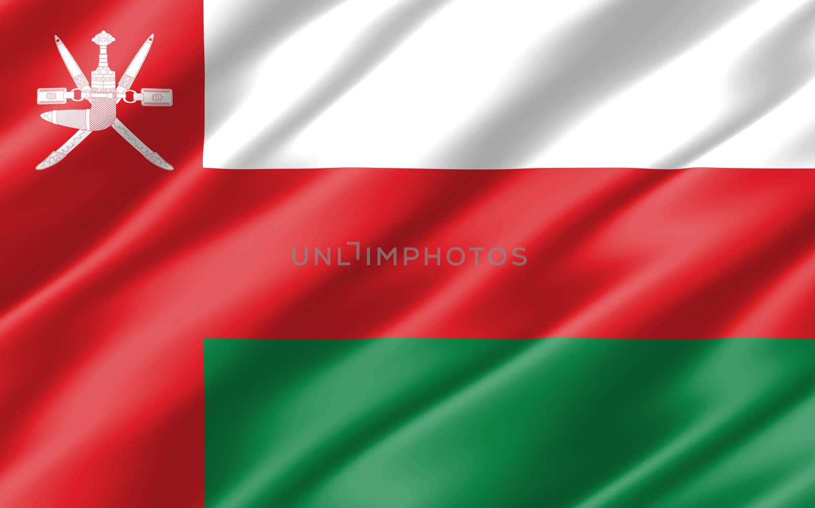 Silk wavy flag of Oman graphic. Wavy Omani flag illustration. Rippled Oman country flag is a symbol of freedom, patriotism and independence.