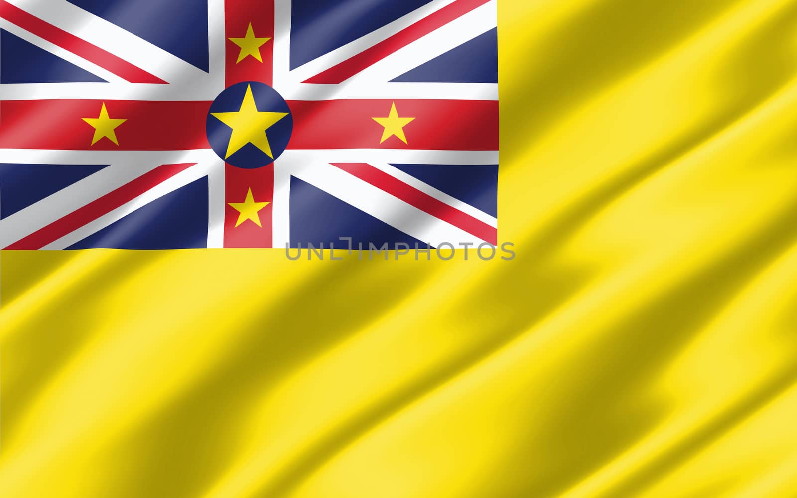 Silk wavy flag of Niue graphic. Wavy Niuean flag illustration. Rippled Niue country flag is a symbol of freedom, patriotism and independence. by Skylark