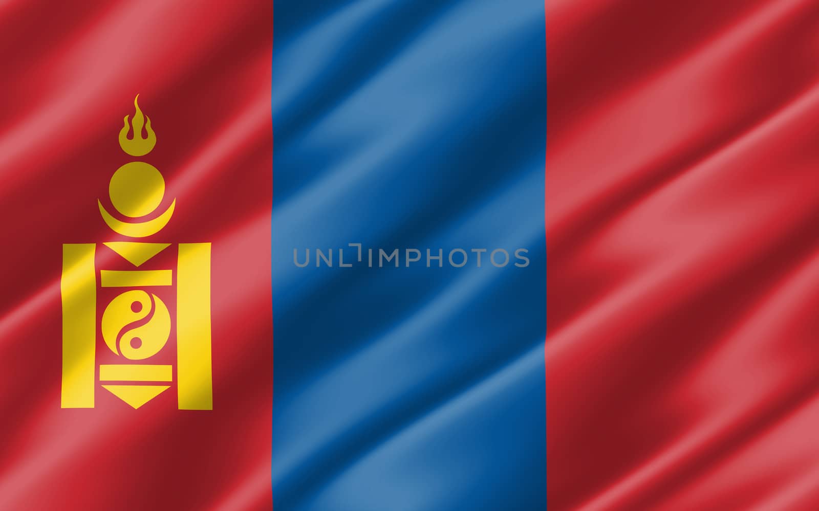 Silk wavy flag of Mongolia graphic. Wavy Mongolian flag illustration. Rippled Mongolia country flag is a symbol of freedom, patriotism and independence. by Skylark