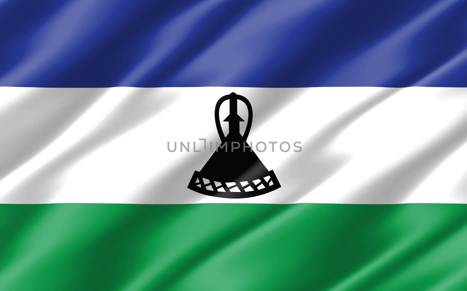 Silk wavy flag of Lesotho graphic. Wavy Basotho flag illustration. Rippled Lesotho country flag is a symbol of freedom, patriotism and independence. by Skylark