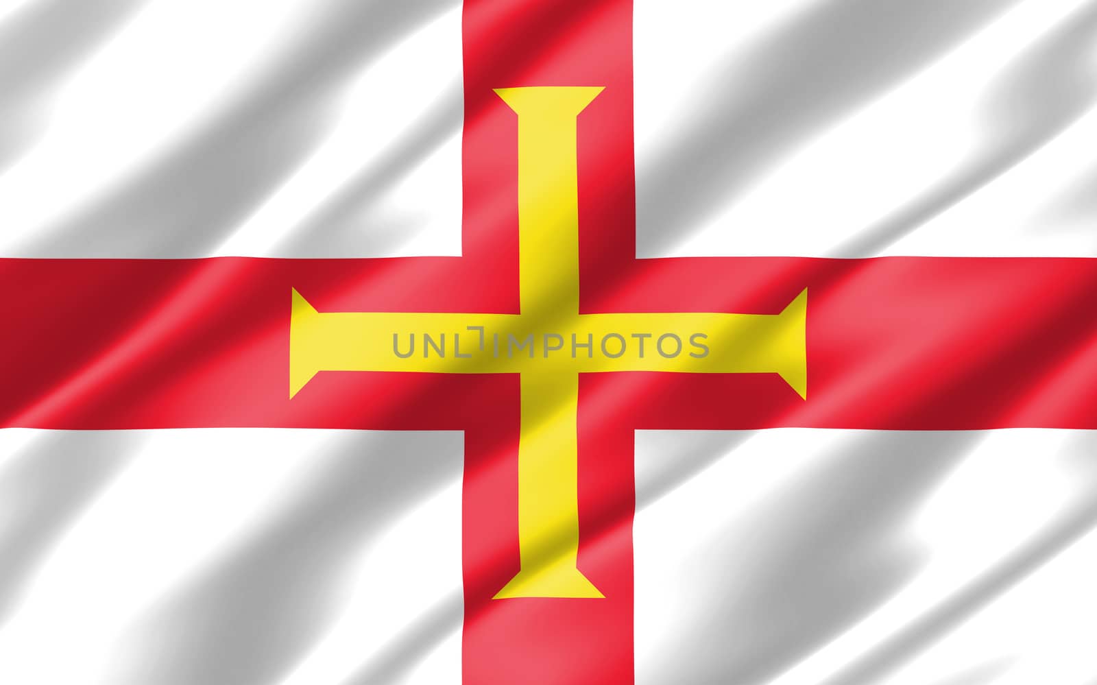 Silk wavy flag of Guernsey graphic. Wavy Guernesiais flag illustration. Rippled Guernsey country flag is a symbol of freedom, patriotism and independence.