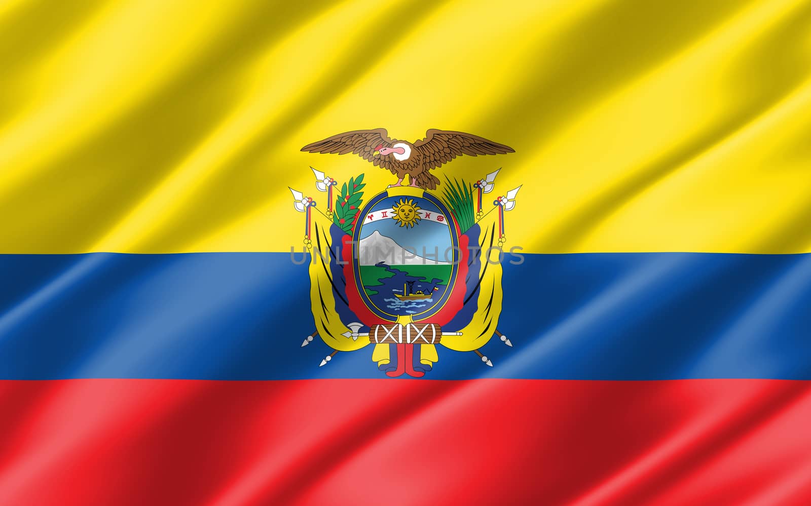 Silk wavy flag of Ecuador graphic. Wavy Ecuadorian flag illustration. Rippled Ecuador country flag is a symbol of freedom, patriotism and independence. by Skylark