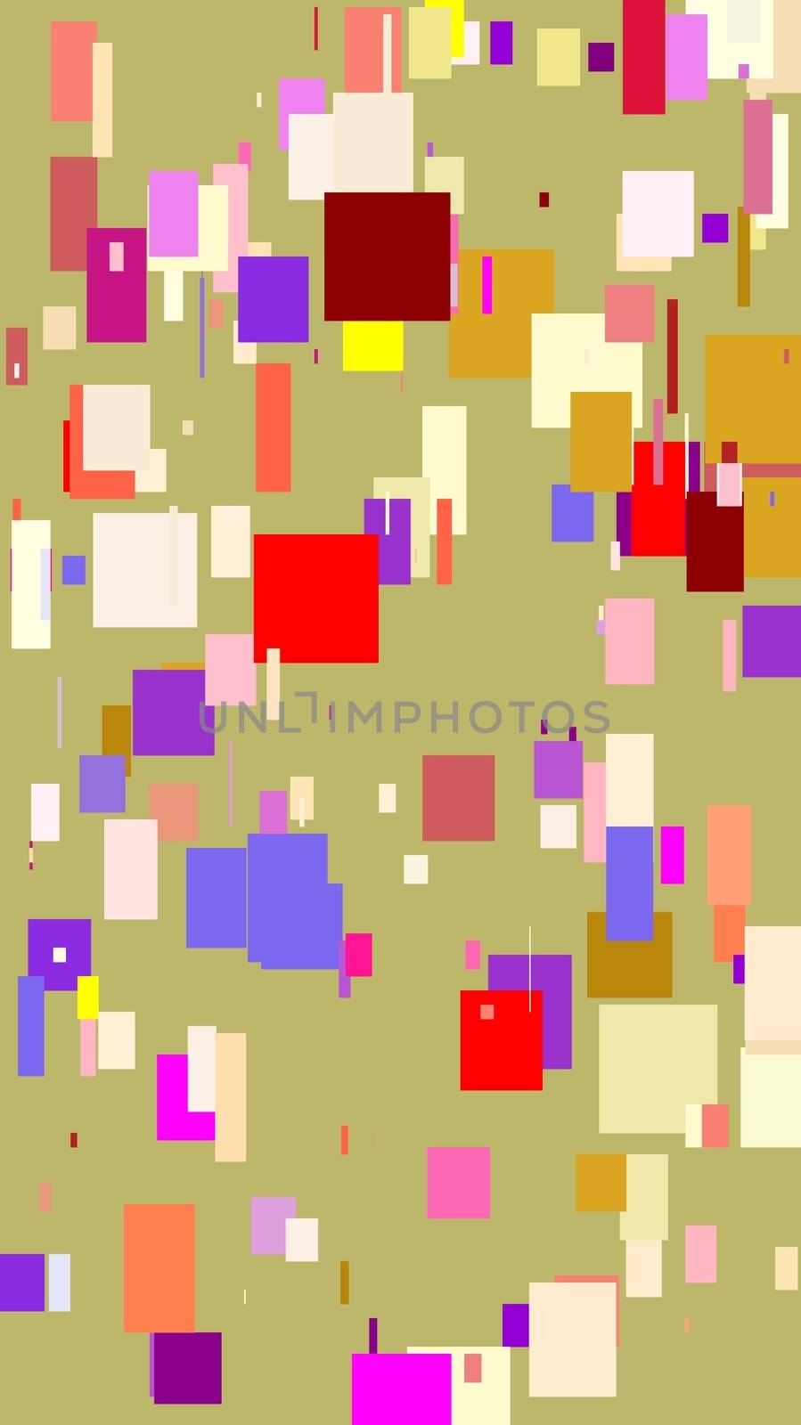 Abstract minimalist red pink violet yellow illustration with squares and dark khaki background