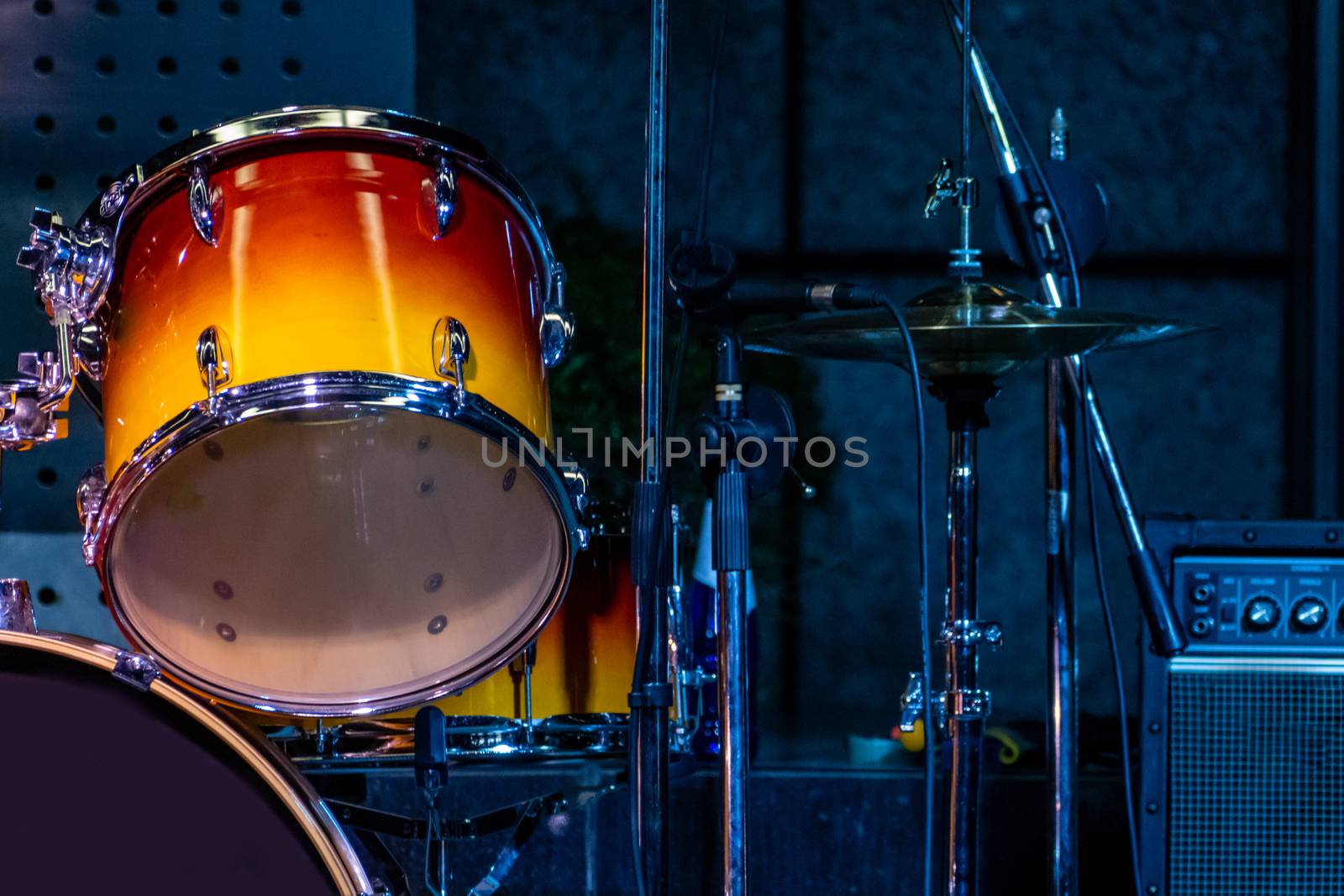 Close-up of drums on stage