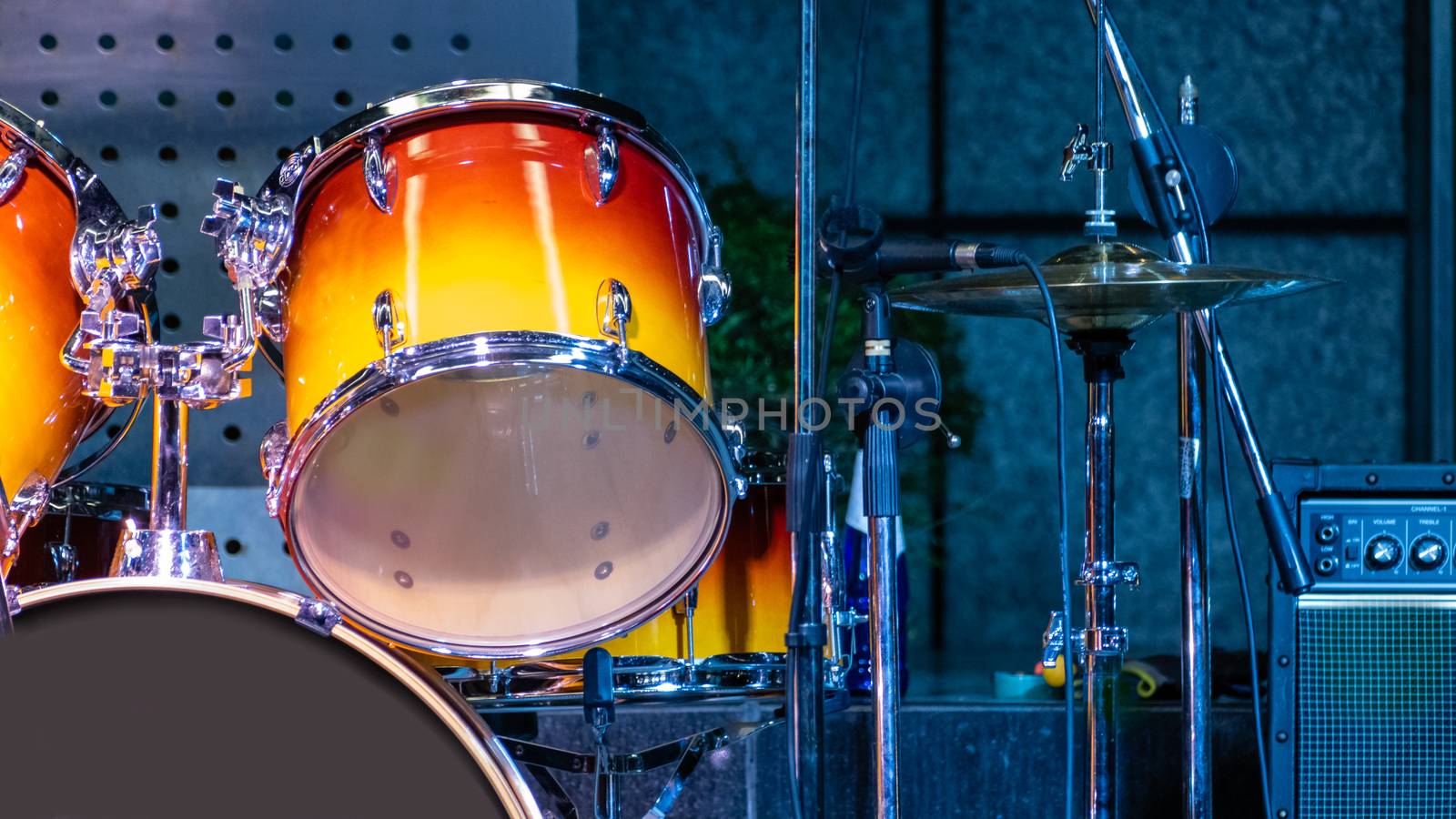 Close-up of drums on stage