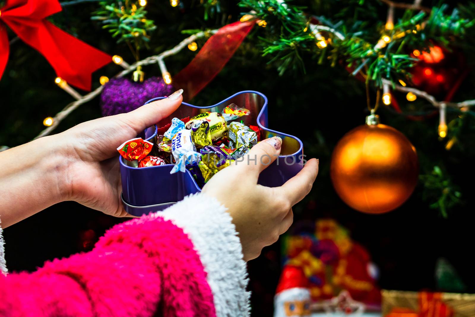 Hands holding box with candies in front of Christmas tree. Unpacking Christmas gifts isolated.