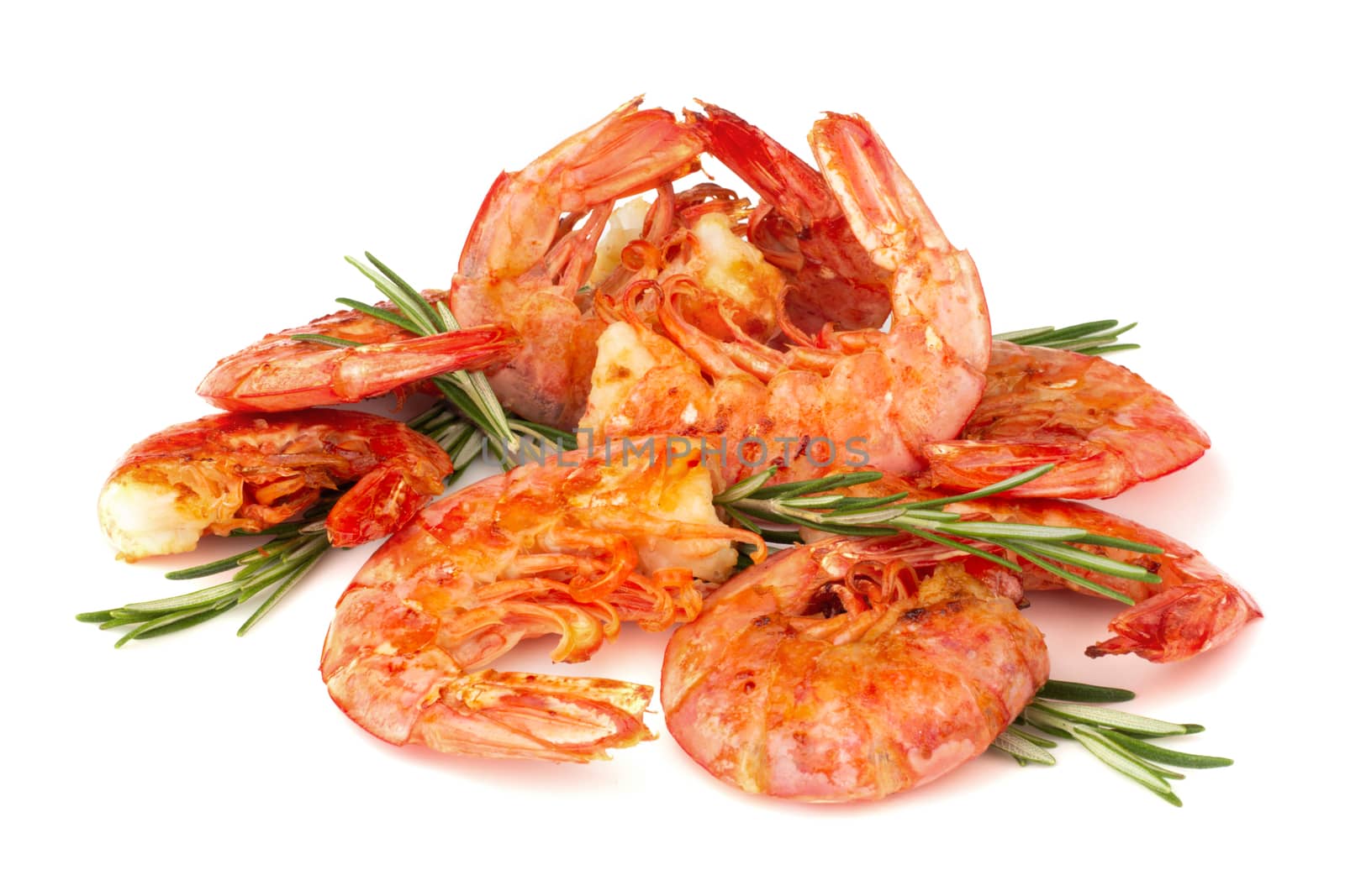 Grilled fried giant shrimps Langostino with herbs isolated on white background
