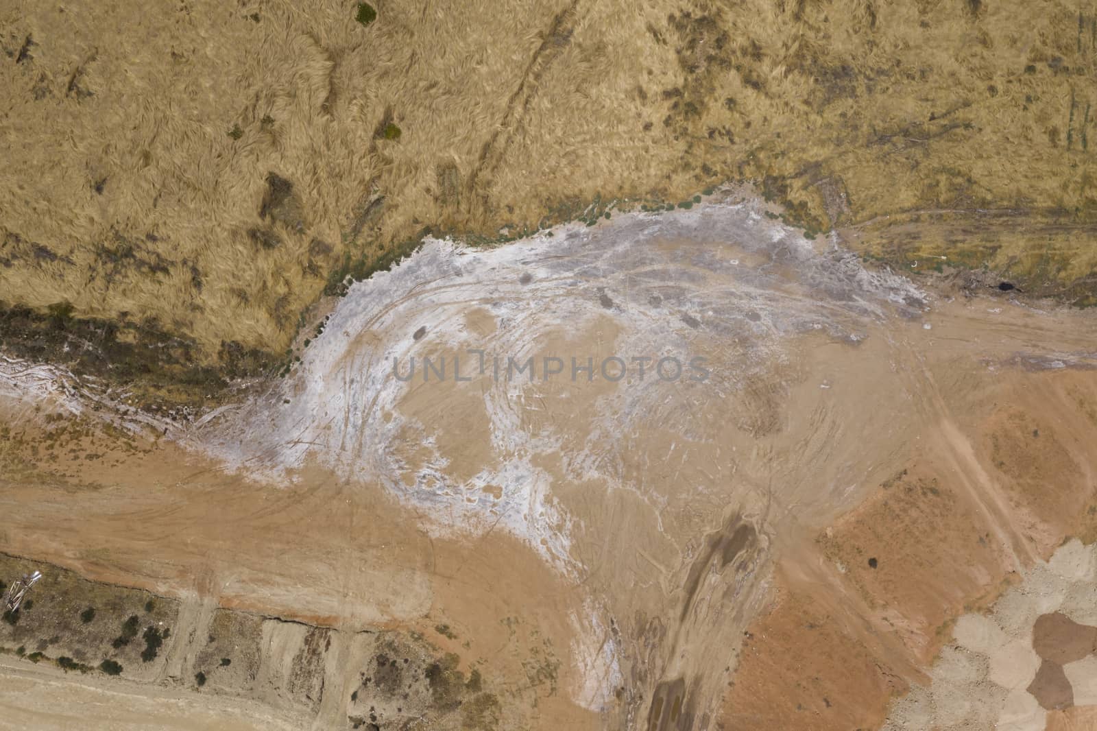 Aerial view of sand patterns in a dry river bed