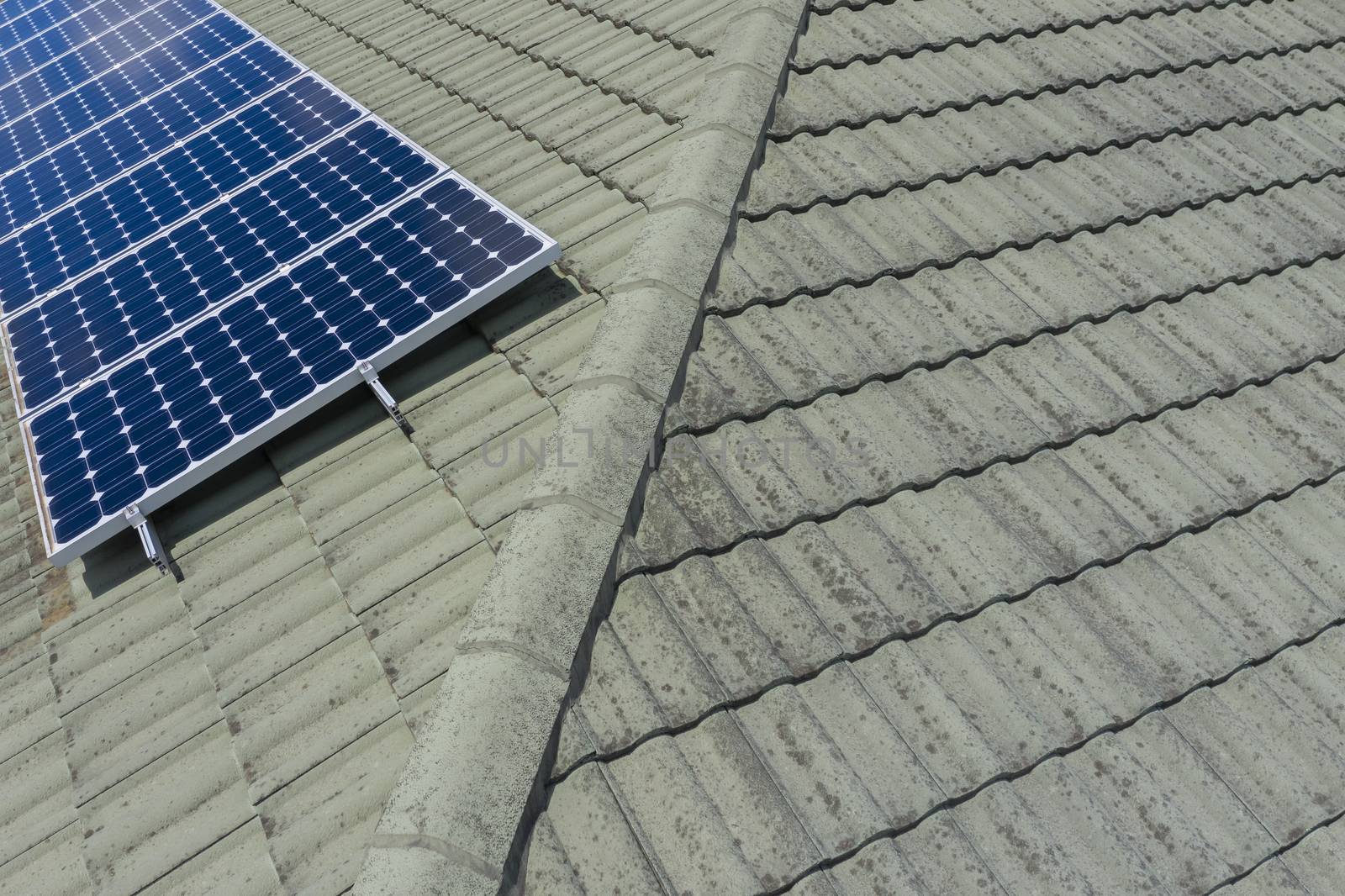 Blue solar panels on a green tiled roof in the bright sunshine.