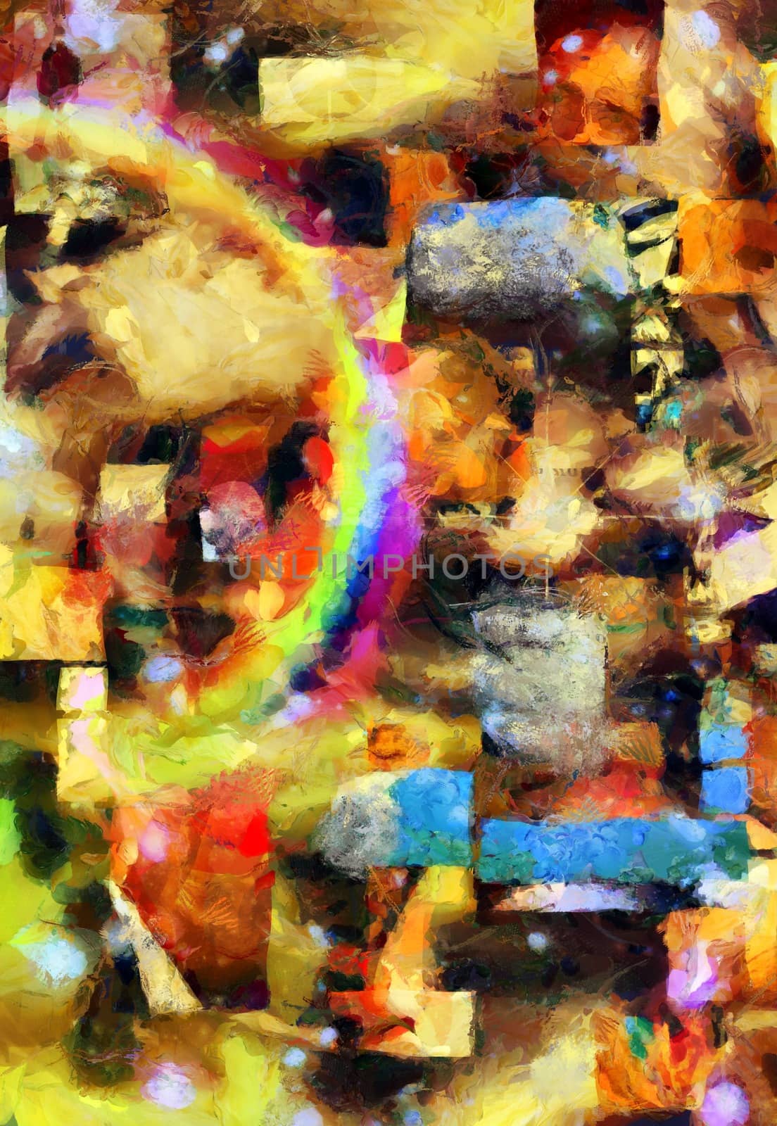 Colorful abstract painting. Brush strokes and geometric elements. Rainbow. 3D rendering