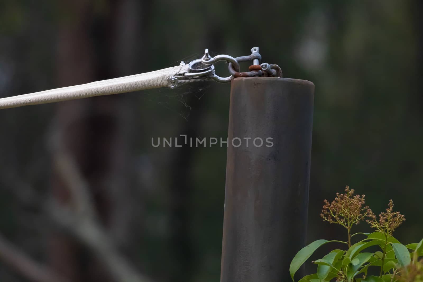 A stainless steel turnbuckle shackle connected to a black metal pole by WittkePhotos