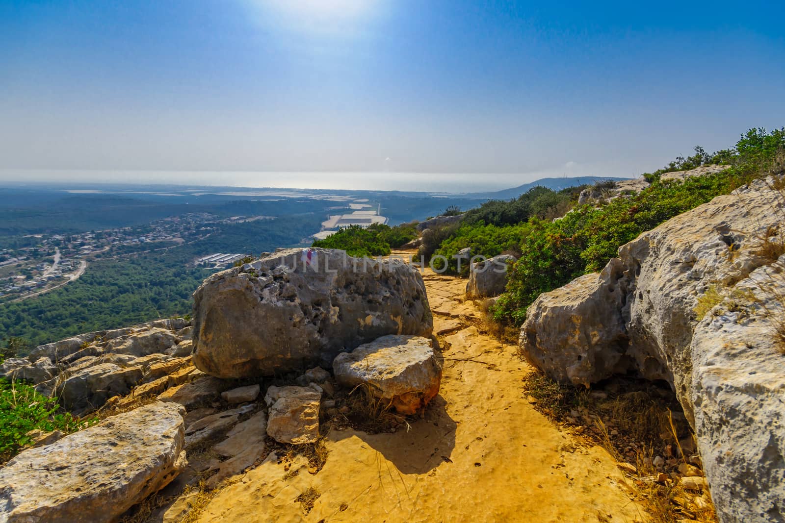 View of Western Galilee landscape, with a footpath and the Mediterranean Sea, in Adamit Park, Northern Israel