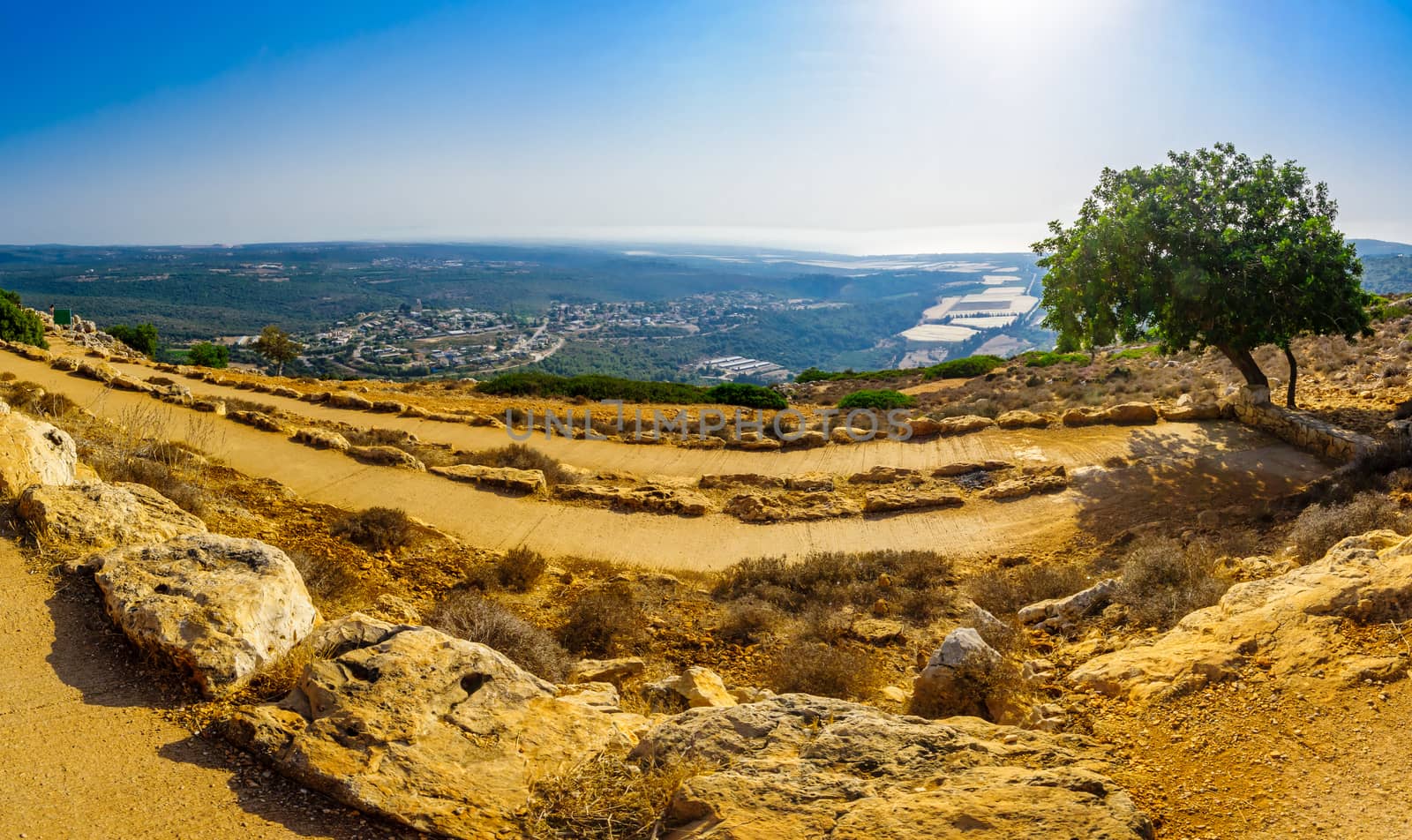 Panoramic view of Western Galilee landscape, with a footpath and the Mediterranean Sea, in Adamit Park, Northern Israel
