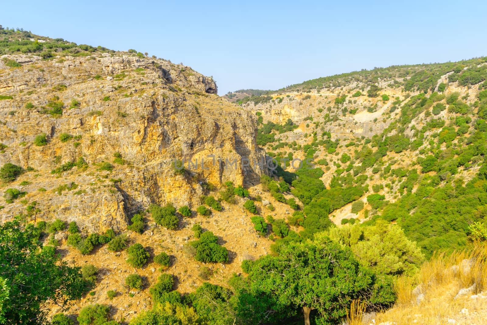 View of landscape of cliffs and valley in the Western Galilee, Northern Israel
