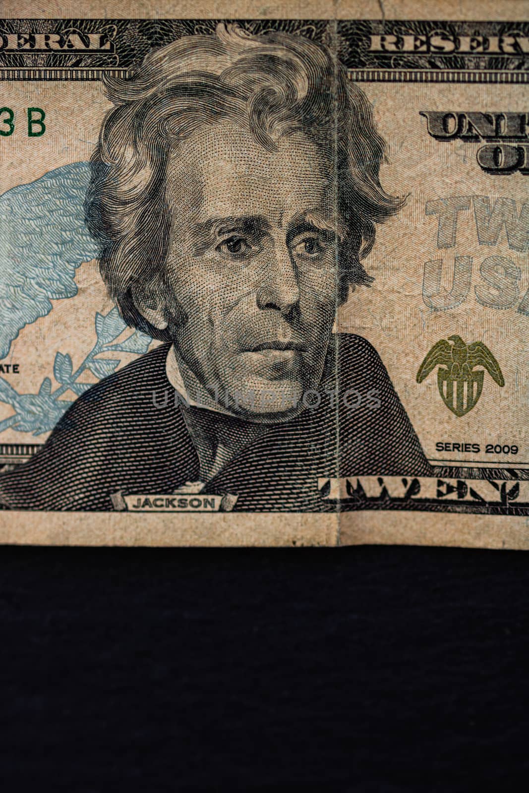 Selective focus on detail of 20 dollars banknote. Close up macro detail of money banknotes, dollars isolated. World money concept, inflation and economy concept