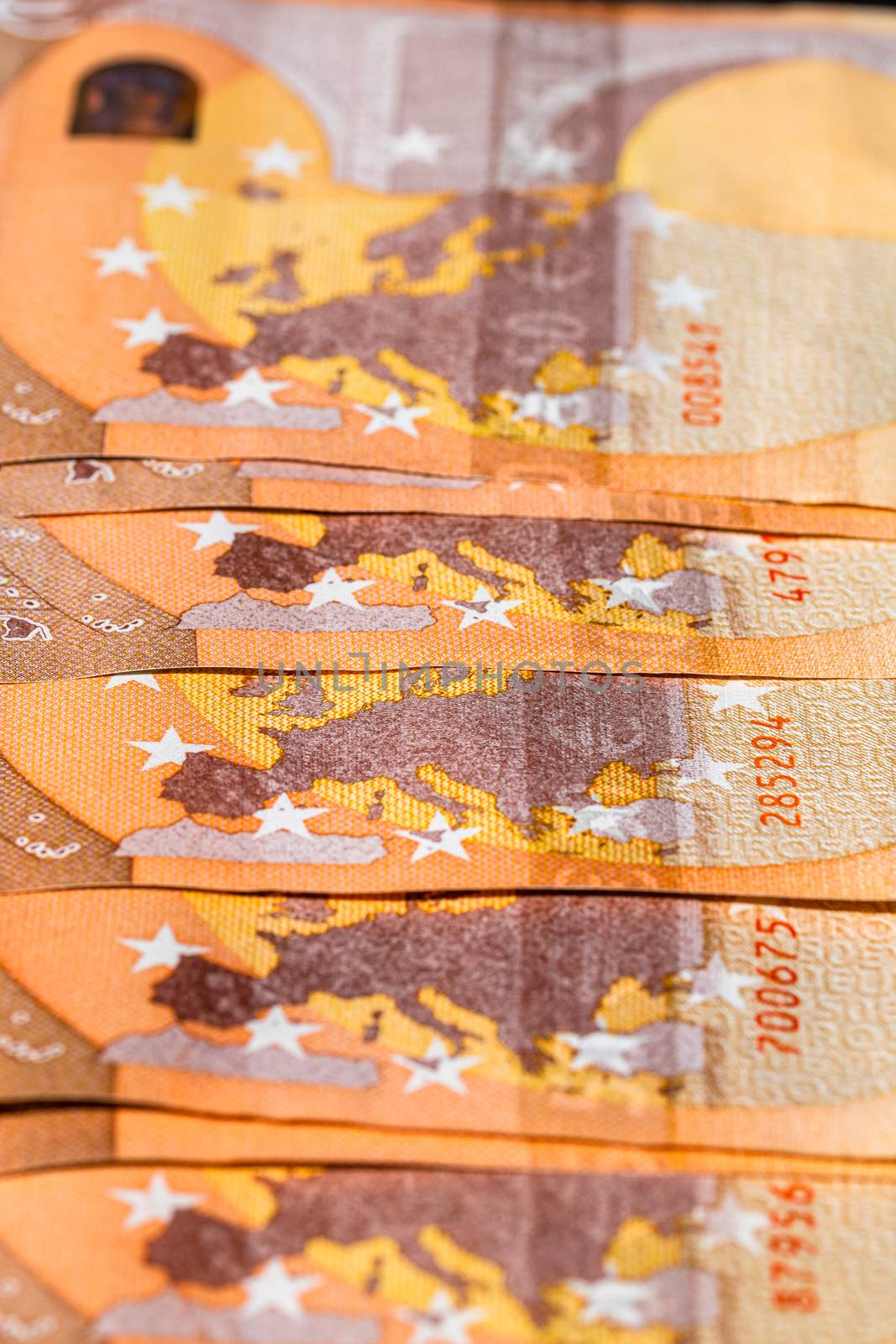 Selective focus on detail of euro banknotes. Close up macro detail of money banknotes, 50 euro isolated. World money concept, inflation and economy concept