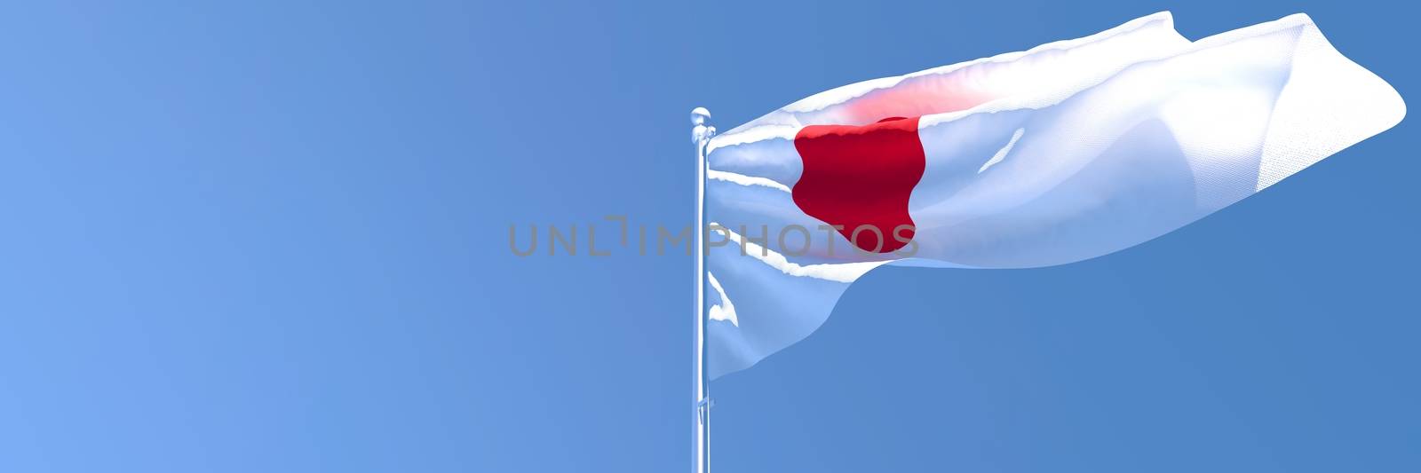 3D rendering of the national flag of Japan waving in the wind against a blue sky