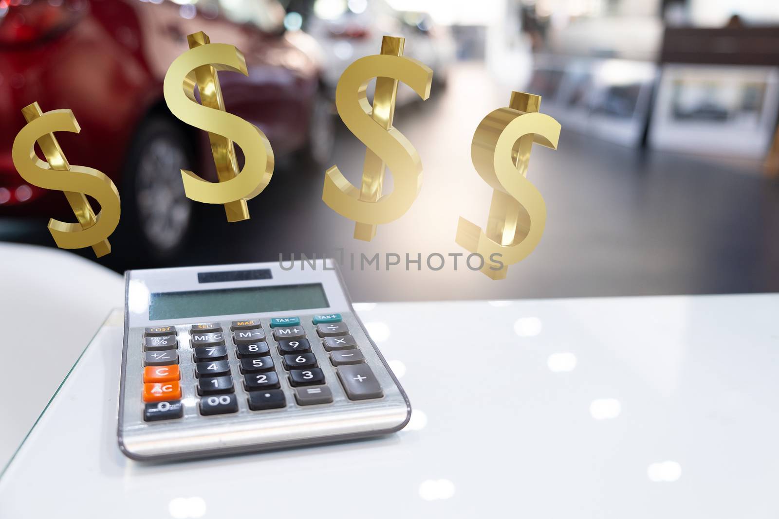 calculator with  dollar 3d render for business finance to car in  showroom blurred background.for automotive automobile or transportation transport