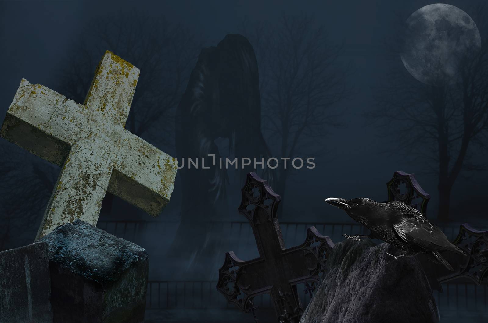 Halloween terrible cemetery with old gravestones crosses, ghost, moon and crows. Scary background for Halloween. Ghosts come out of the graves. Photo manipulation