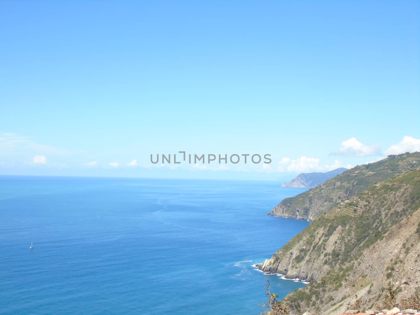 Liguria, Italy - 09/01/2020: Steep stairway overlooking the sea leading to the town of Monesteroli, in Liguria.