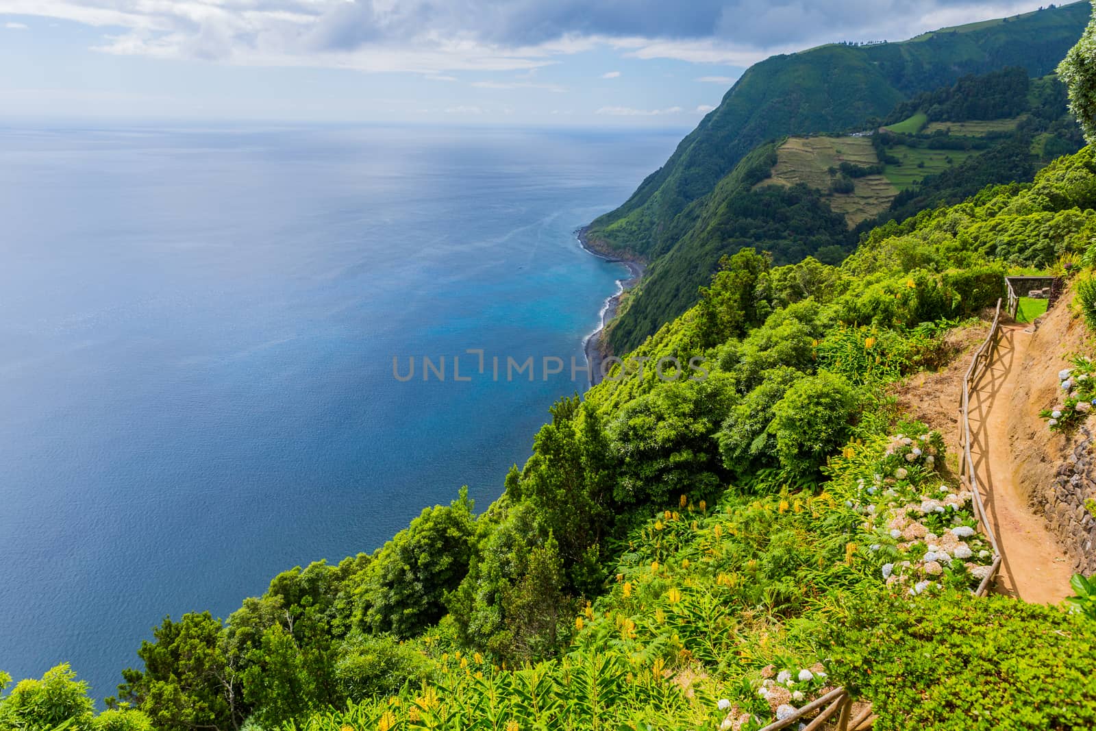Northeast of the island of Sao Miguel in the Azores. Viewpoint of Ponta do Sossego. Amazingly point of interest in a major holiday destination of Portugal.