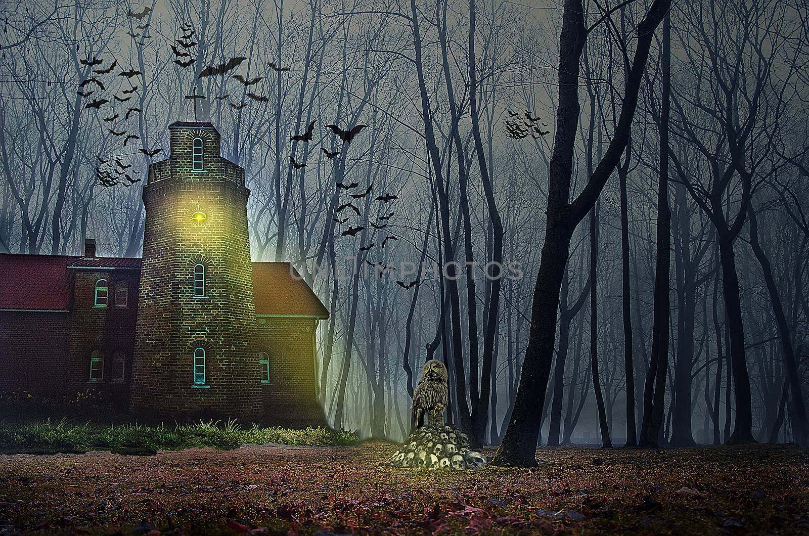 Misty evening in the forest. Halloween house with Moon and bats by KajaNi