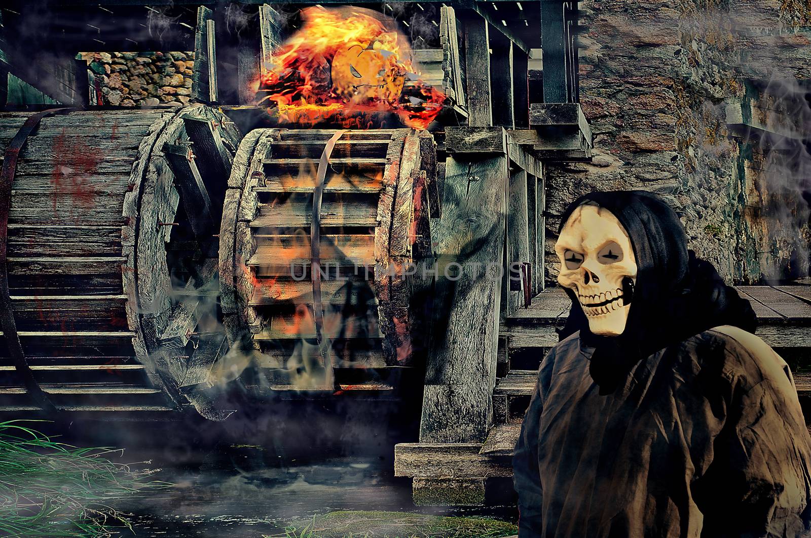 Scary night scene with Grim Reaper and pumpkin at the old abandoned water mill. Halloween concept