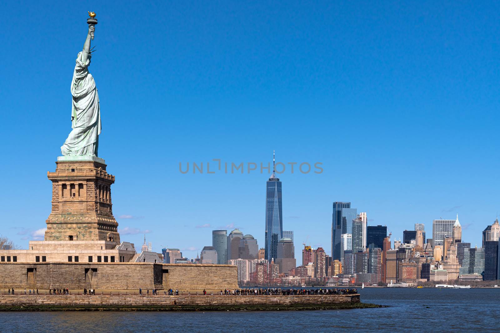The Statue of Liberty over the Scene of New york cityscape river by Tzido