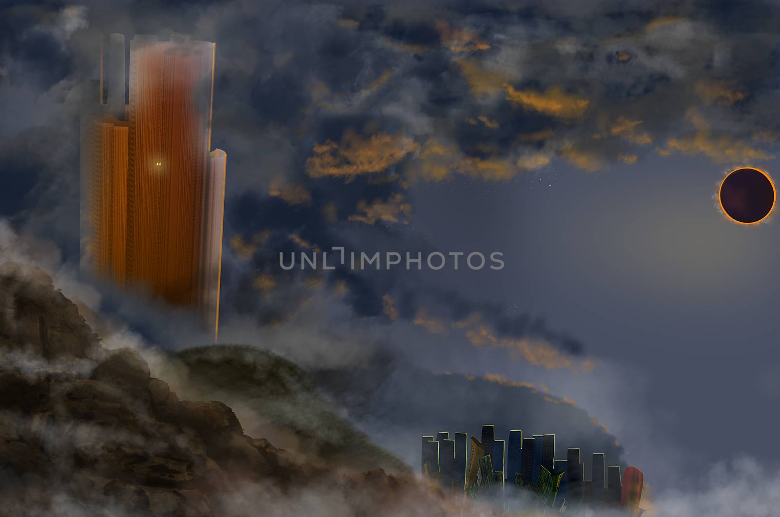 Solar eclipse over the dark futuristic urban. Dark futuristic urban illustration