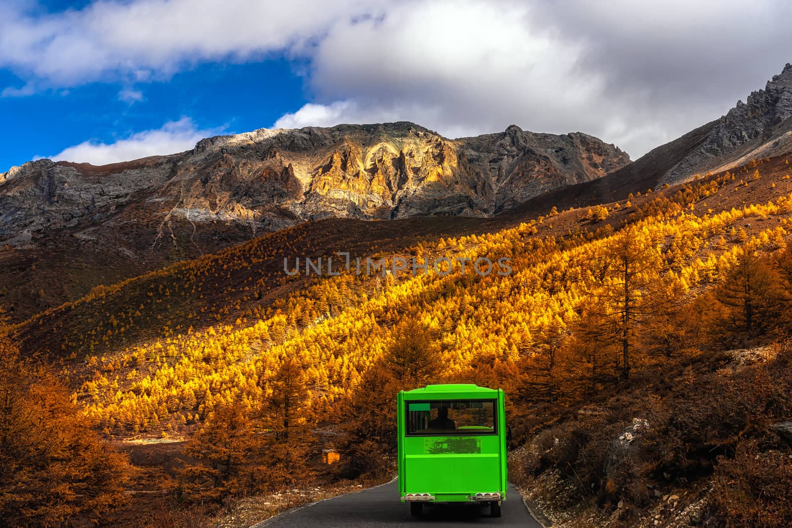 Electric car running over the mountain in autumn season in yading nature reserve, Daocheng County, southwest of Sichuan Province, China.travel and tourism,famous place and landmark concept
