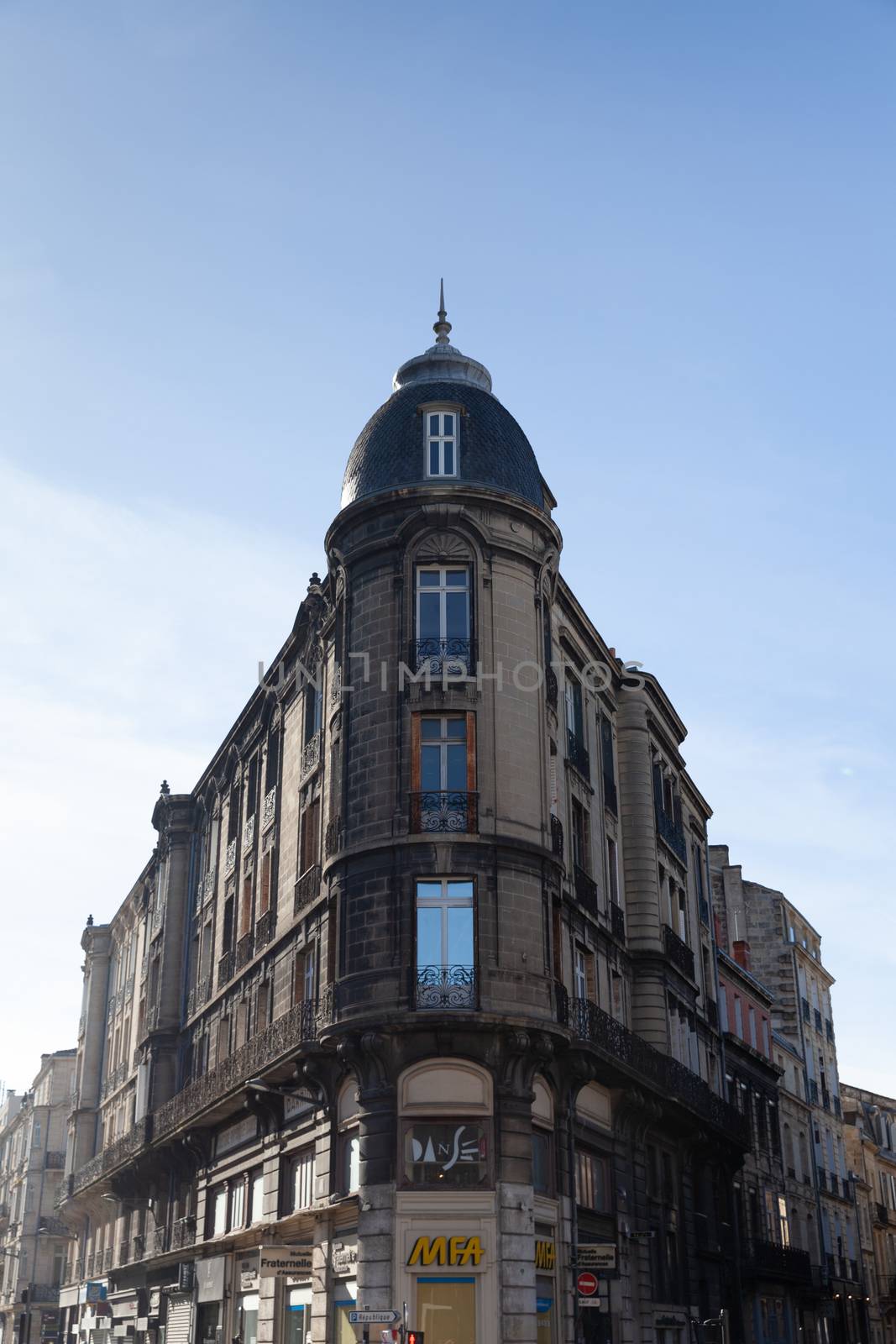 Bordeaux, France - 22 February 2020: Building on the corner of Cours Pasteur, Paul Louis Lande and Victor Hugo street