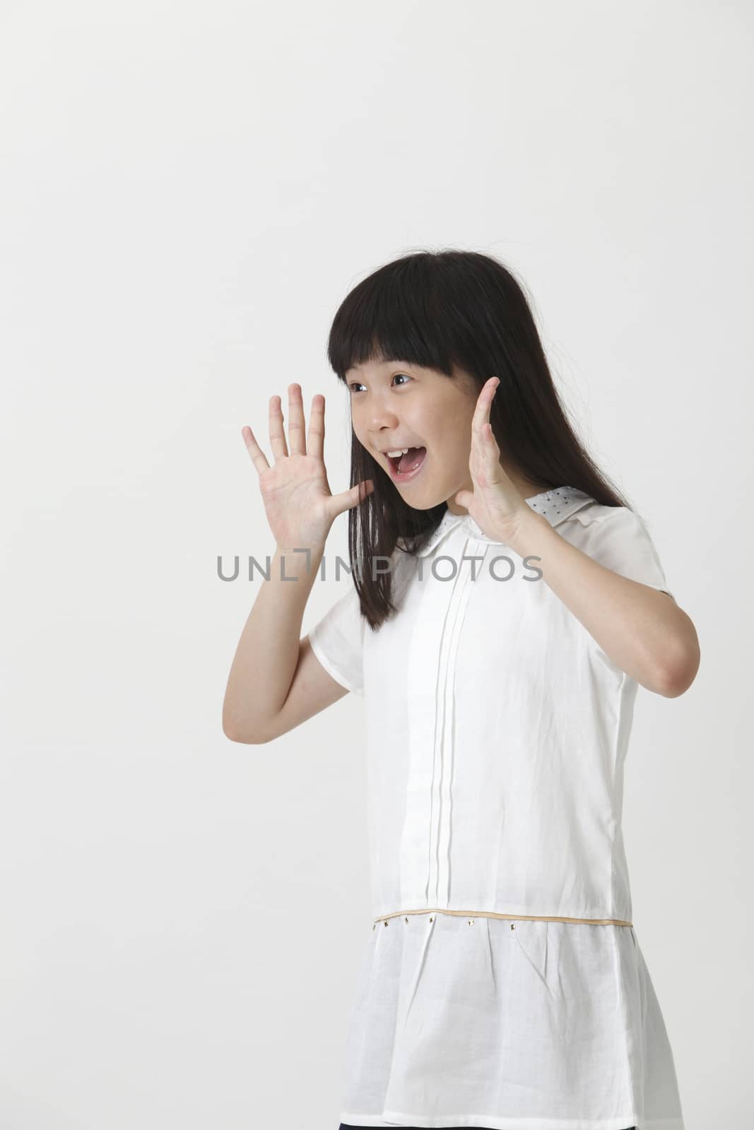 chinese girl screaming on the white background
