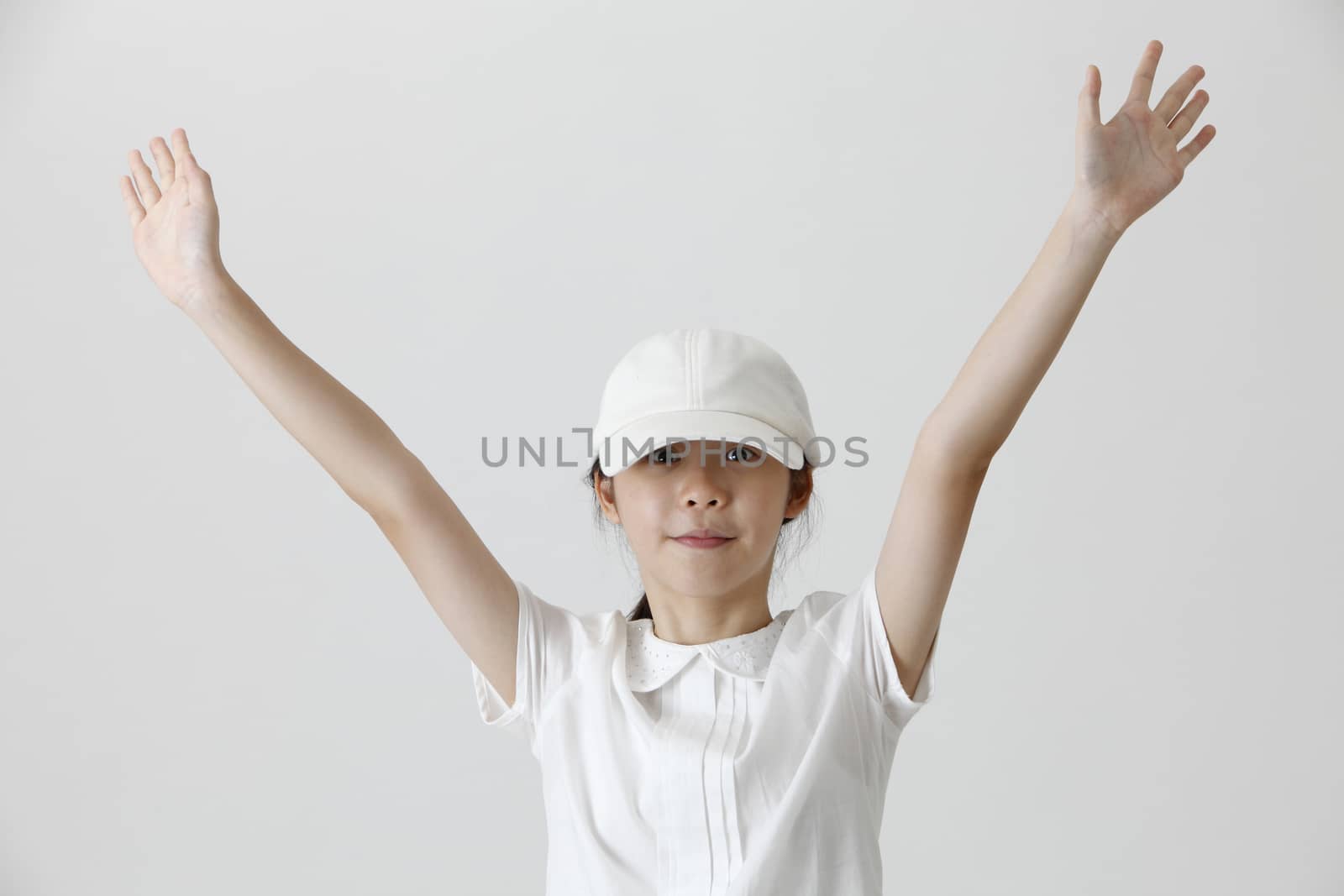 chinese girl with both hands up