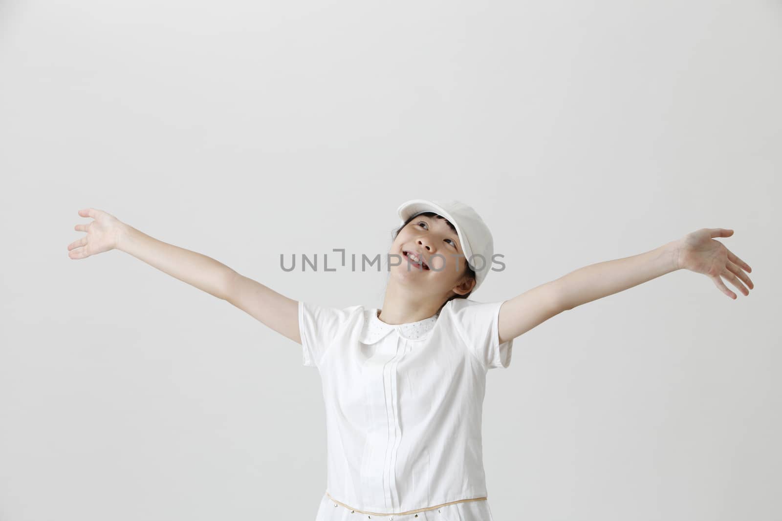 chinese girl with both hands up