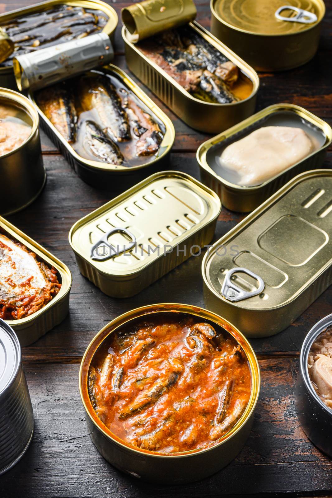 Conserves of canned fish with different types of seafood, opened and closed cans with Saury, mackerel, sprats, sardines, pilchard, squid, tuna, over dark wood old table side view, vertical.