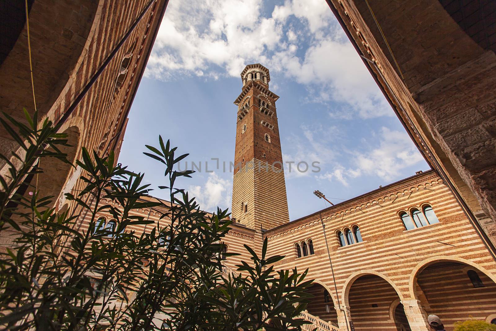 Lamberti tower seen from Piazza dei Signori in Verona in Italy