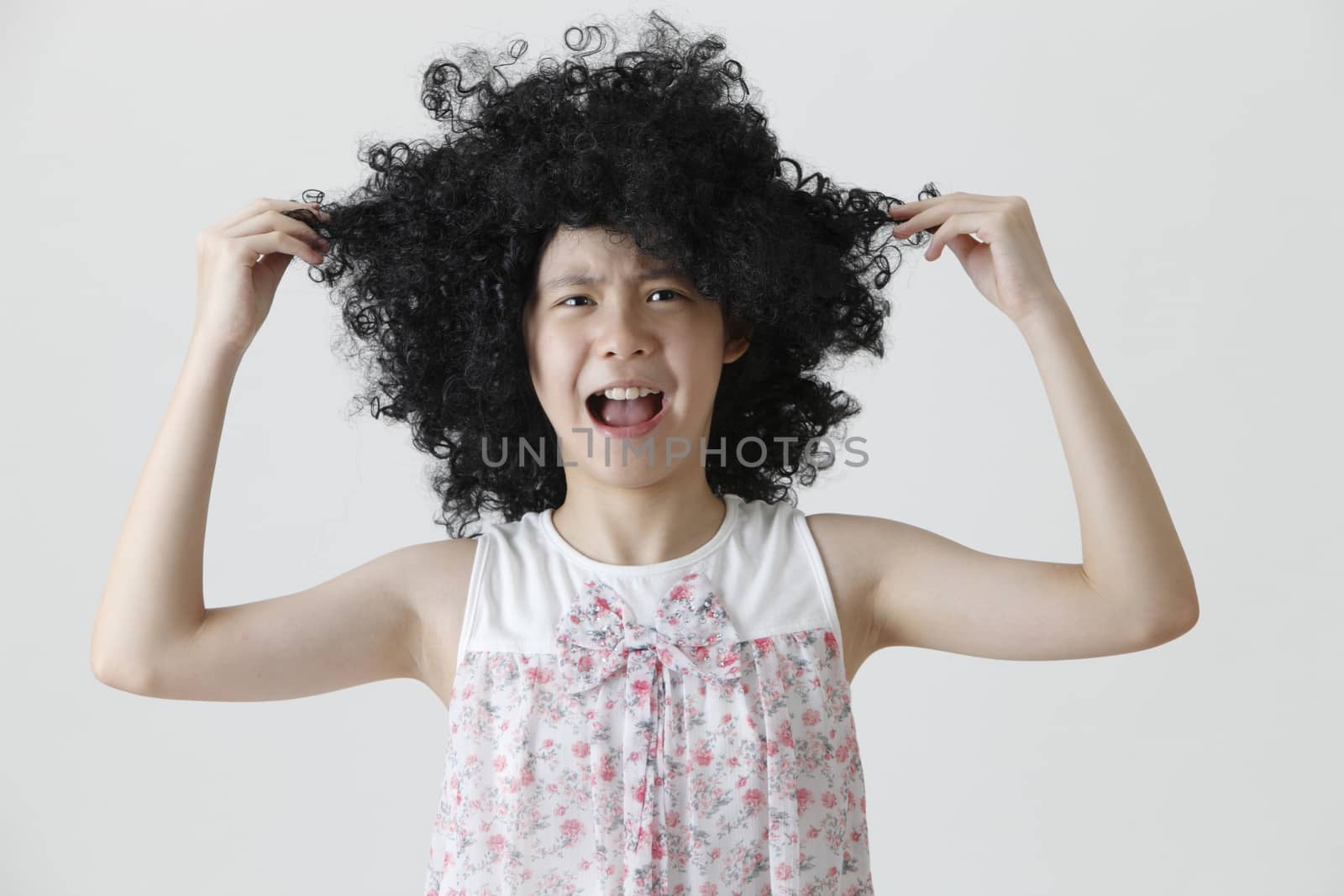 chinese girl wearing a big black wig