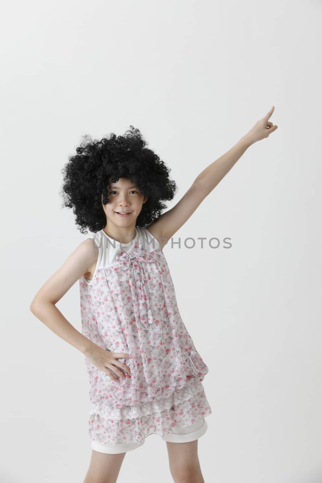 chinese girl wearing a big black wig dancing