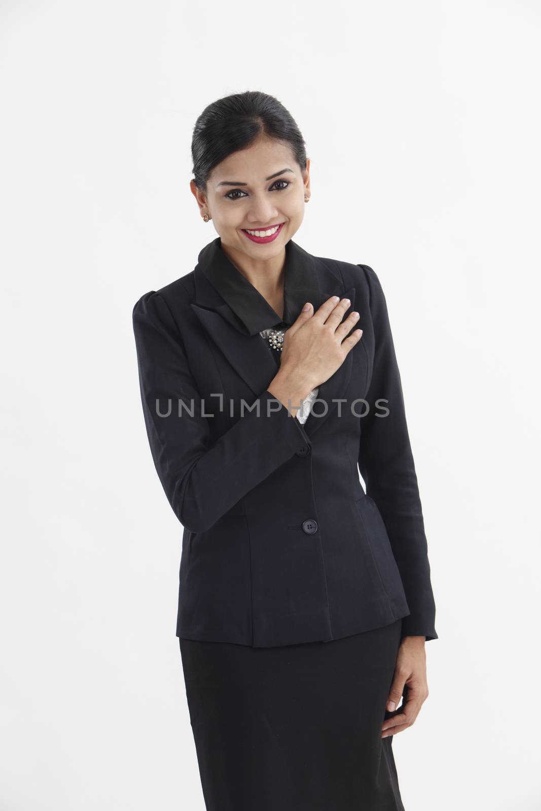 indian businesswoman with welcome gesture