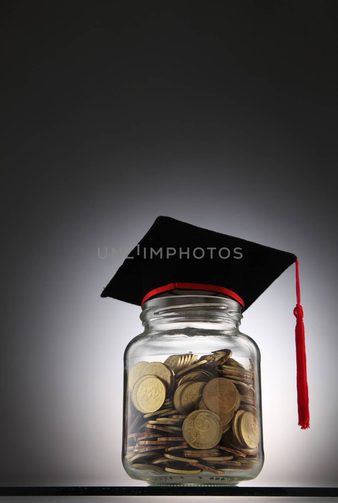 Bottle of cash with graduation cap.