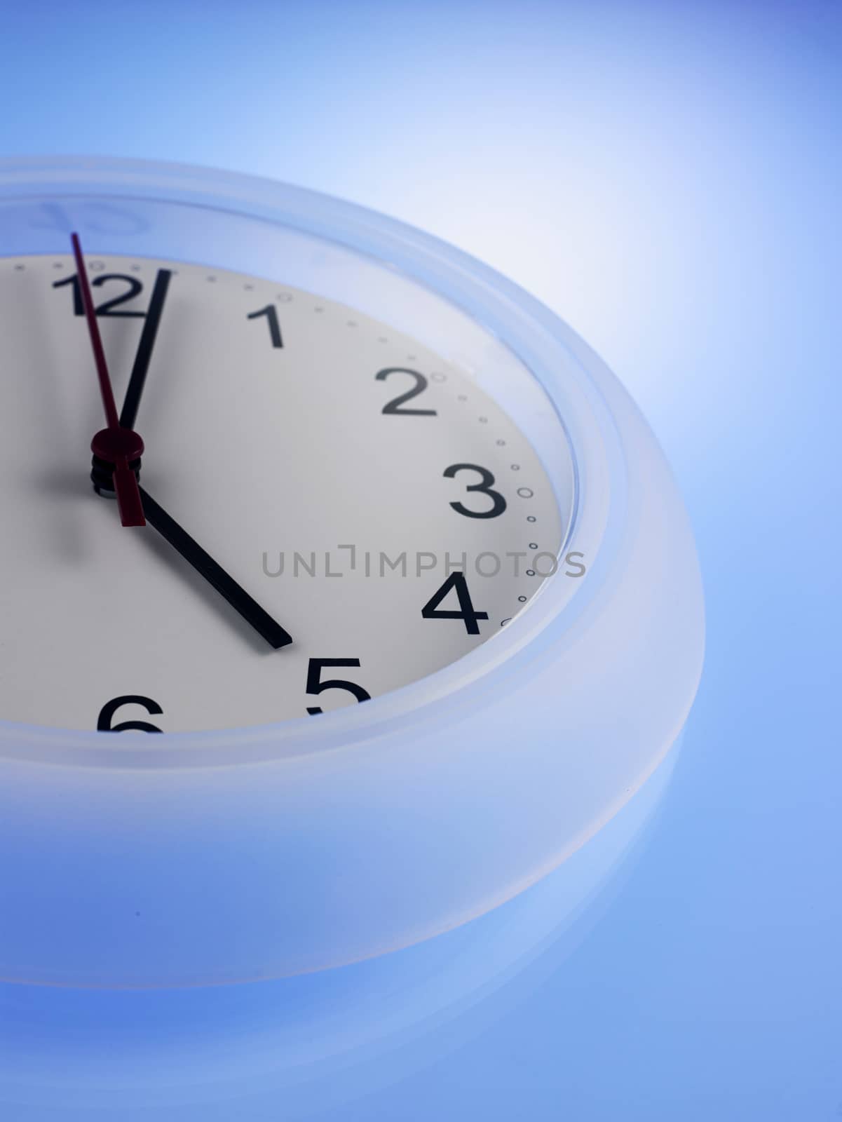 Close up of Clock showing 5 o'clock on a blue wall